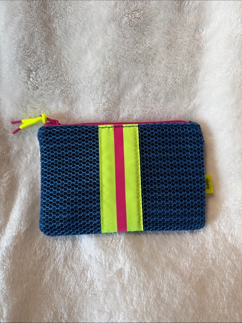 ipsy Navy Blue Cosmetic Pouch with Neon Yellow and Hot Pink Stripe